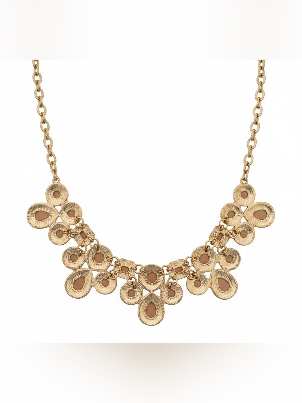 Peach Tan Statement Bib Necklace Gold Tone Faux Stone Beaded Adjustable 21” - Picture 3 of 11